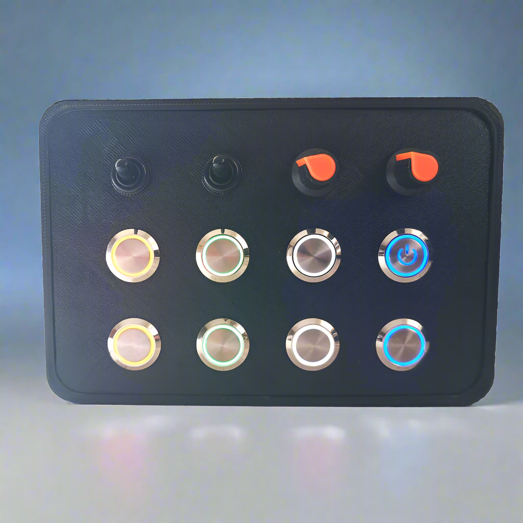 RacecraftsNZ Sim Racing Silver LED Button Box, 8x Metal Momentary LED Buttons, 2x Potentiometers, 2x Toggle Switches