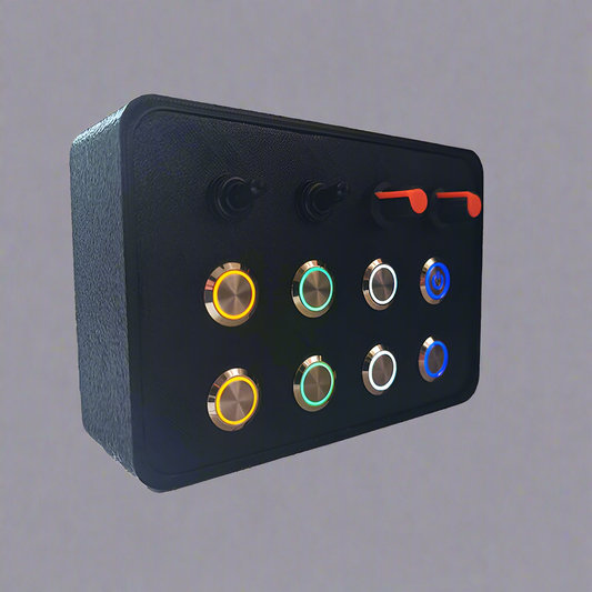 RacecraftsNZ Sim Racing Silver LED Button Box, 8x Metal Momentary LED Buttons, 2x Potentiometers, 2x Toggle Switches