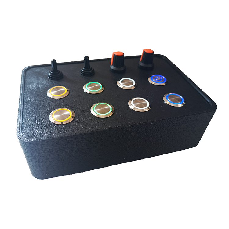 RacecraftsNZ Sim Racing Silver LED Button Box, 8x Metal Momentary LED Buttons, 2x Potentiometers, 2x Toggle Switches