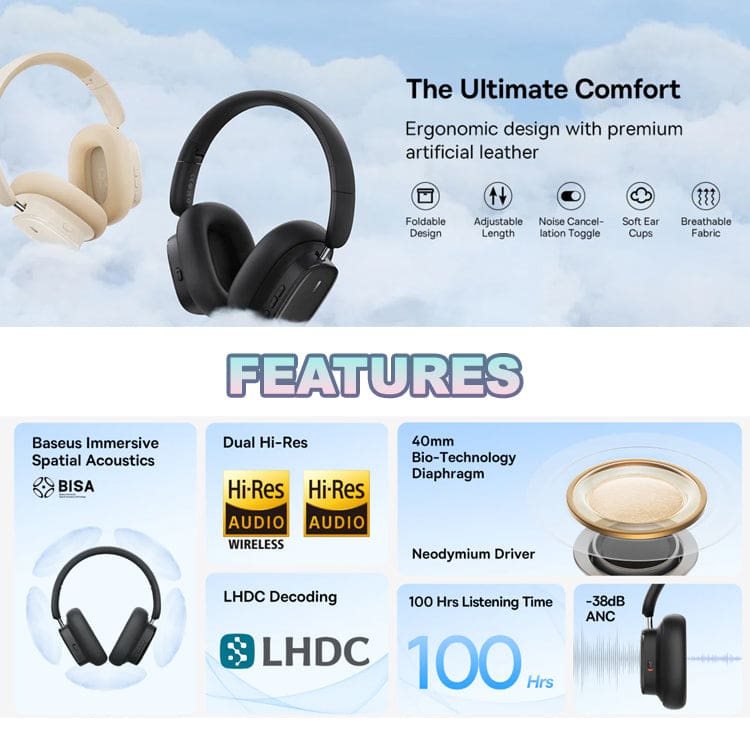 Baseus Bowie H1i Wireless Headphones, Wired or Wireless, ANC, App Configuration
