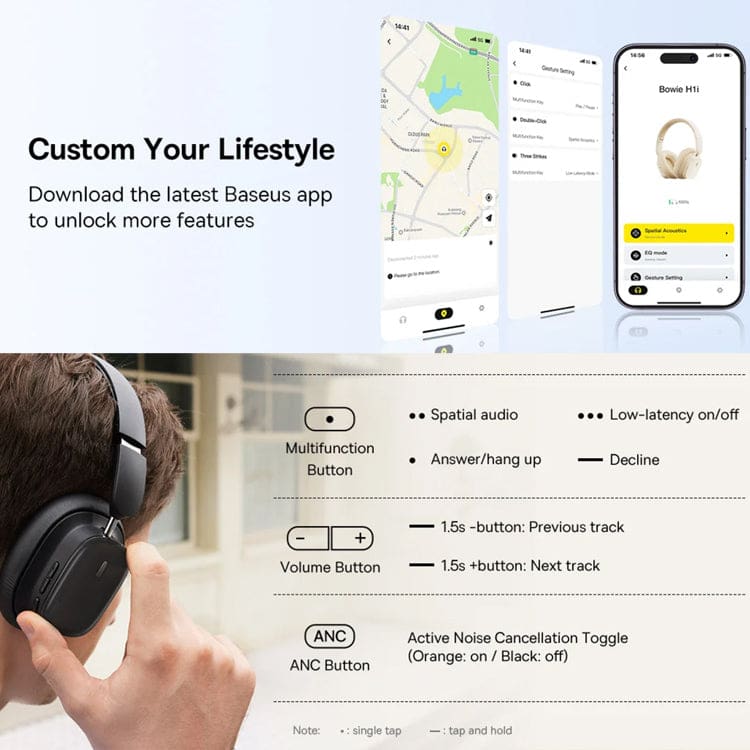 Baseus Bowie H1i Wireless Headphones, Wired or Wireless, ANC, App Configuration