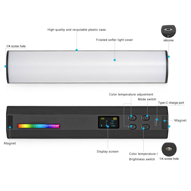 Vloglite W200 RGB Handheld LED Photography Video Fill Light, Magnetic, Tripod, OLED Display