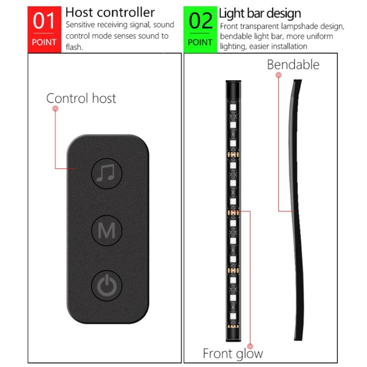 USB LED Ambient Light Bar Set, Car or Home, Bluetooth Phone App