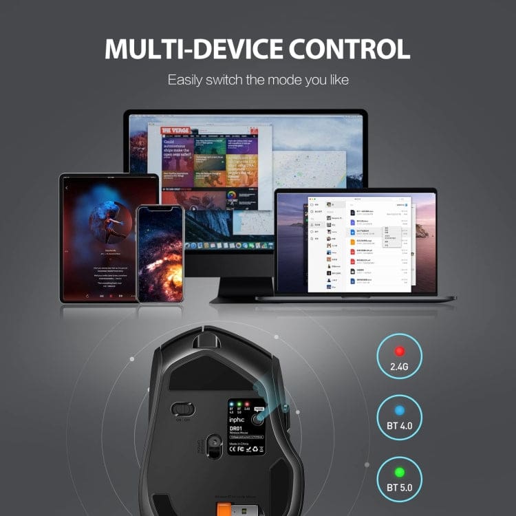 inphic DR01 Dual-Mode Bluetooth/RF Wireless Optical Mouse, Rechargeable, 1600DPI