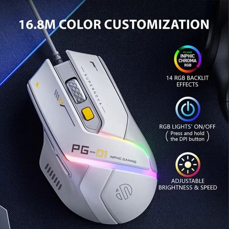 inphic PG1 Wired USB 12800 DPI Optical Mouse, Macro Software, LED Lighting