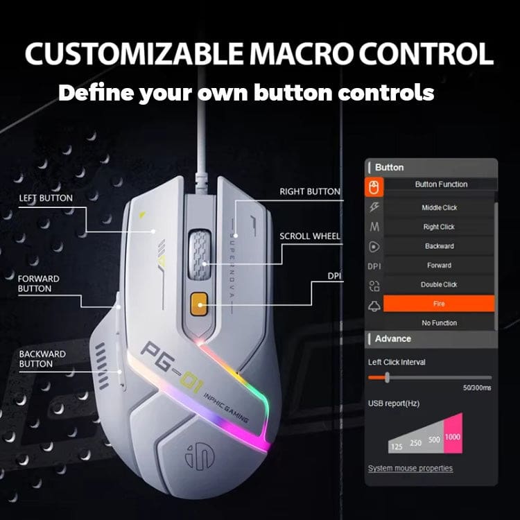 inphic PG1 Wired USB 12800 DPI Optical Mouse, Macro Software, LED Lighting