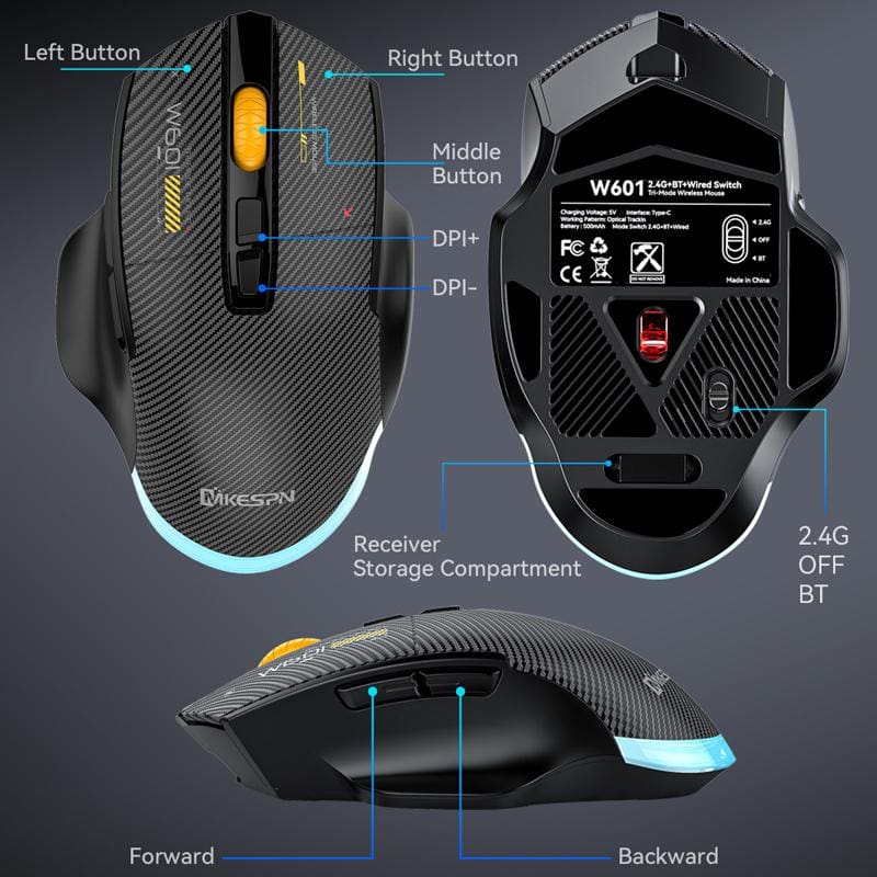 MKESPN W601 Tri-Mode BT/RF Wireless, Corded 12800DPI Optical Mouse, Carbon Fiber Texture, Macro