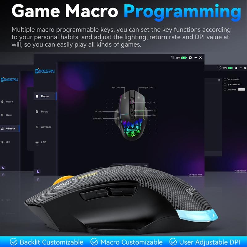 MKESPN W601 Tri-Mode BT/RF Wireless, Corded 12800DPI Optical Mouse, Carbon Fiber Texture, Macro