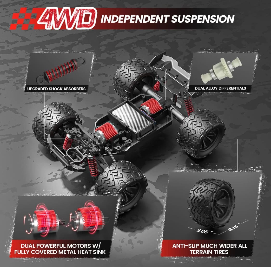 Enoze Dual Motor Bigfoot RC Truck, LEDs, Max 40km/h, Proportional Control, RTR