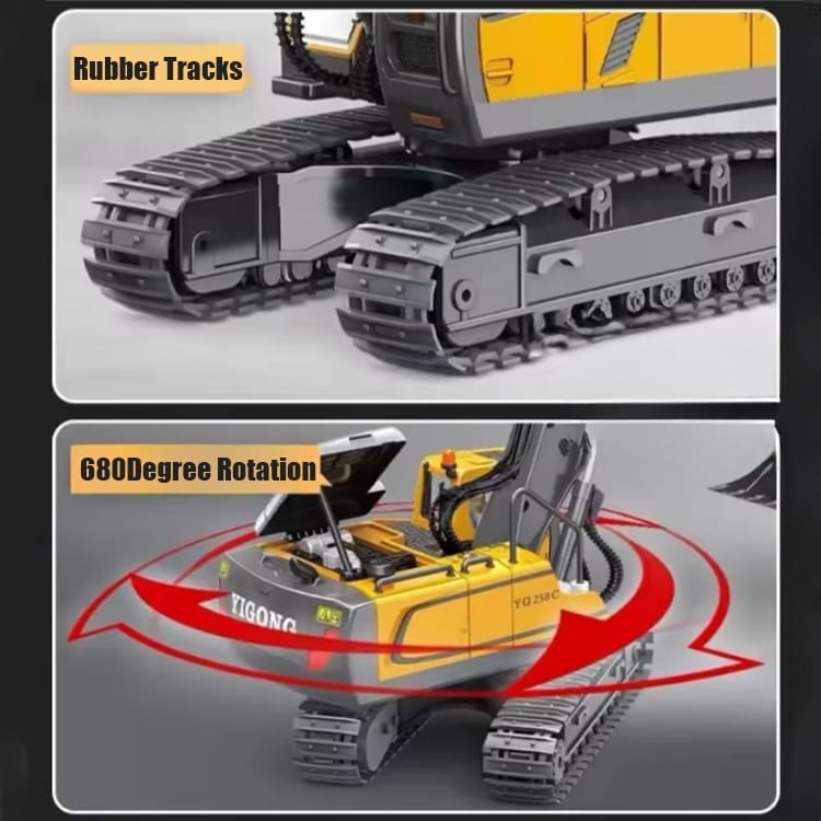NC-258C RC Excavator, Metal Bucket, Engine Sounds, All-Terrain Caterpillar tracks, Independent Steering, Boom lights