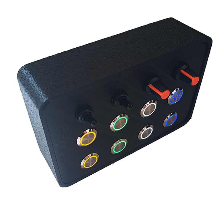 RacecraftsNZ Sim Racing Silver LED Button Box, 8x Metal Momentary LED Buttons, 2x Potentiometers, 2x Toggle Switches
