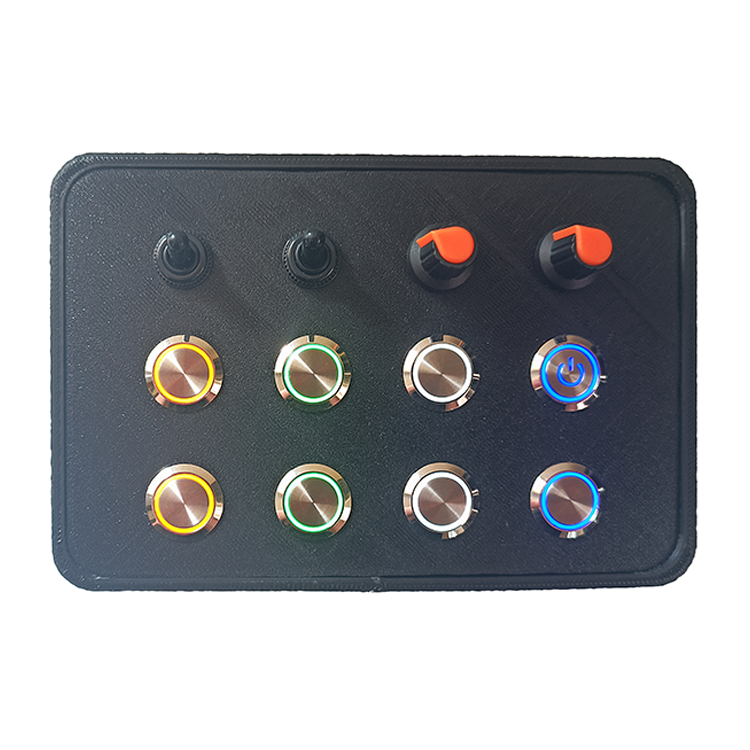 RacecraftsNZ Sim Racing Silver LED Button Box, 8x Metal Momentary LED Buttons, 2x Potentiometers, 2x Toggle Switches
