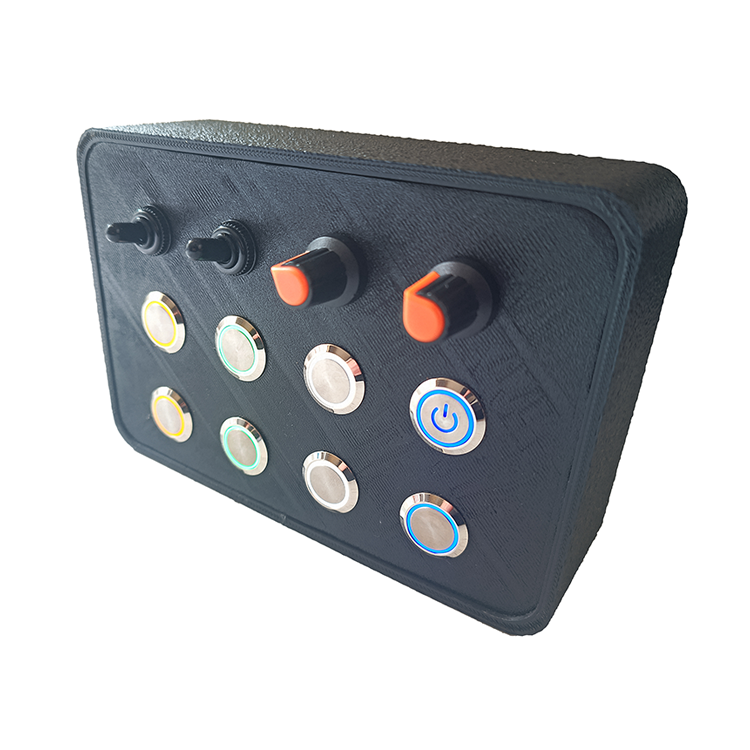 RacecraftsNZ Sim Racing Silver LED Button Box, 8x Metal Momentary LED Buttons, 2x Potentiometers, 2x Toggle Switches