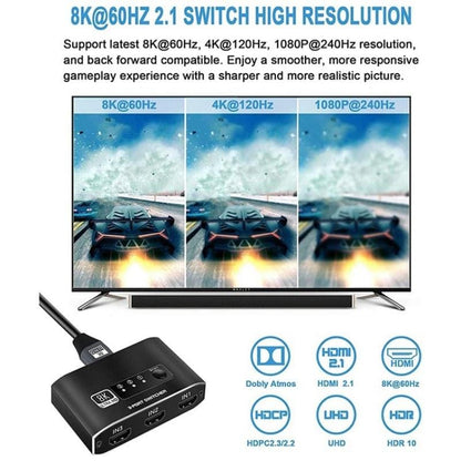 HDMI 8K 60Hz/4K 120Hz 3 Input and 1 Output HDM Switch