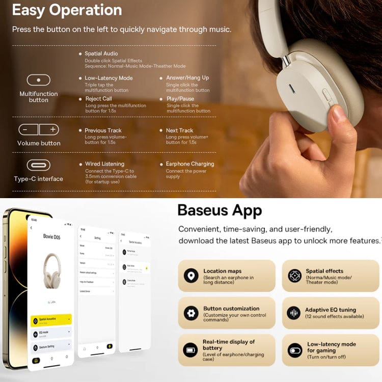 Baseus Bowie D05 Wireless Headphones, Wired or Wireless, Microphone, App Configuration