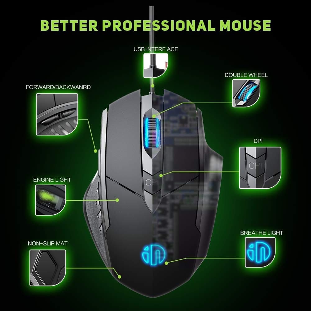 inphic W1 Wired USB 7200 DPI Optical Mouse, 6 Buttons, Scroll Wheel, LED Lighting