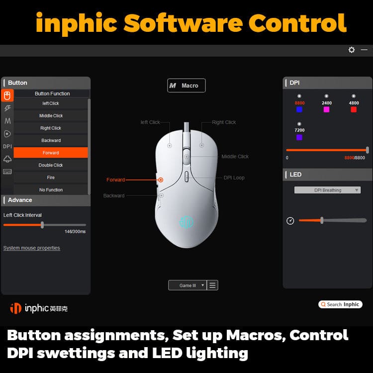 inphic W1 Wired USB 7200 DPI Optical Mouse, 6 Buttons, Scroll Wheel, LED Lighting