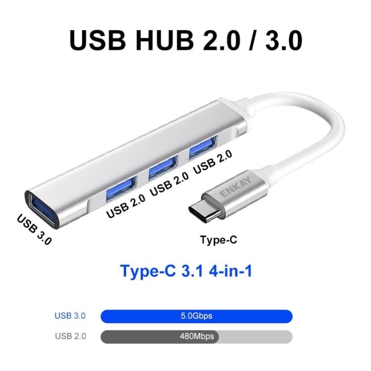 Enkay Type-C USB 4 Port Hub, 3 x USB 2.0, 1 x USB 3.0, Plug and Play