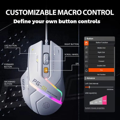 inphic PG1 Wired USB 12800 DPI Optical Mouse, Macro Software, LED Lighting