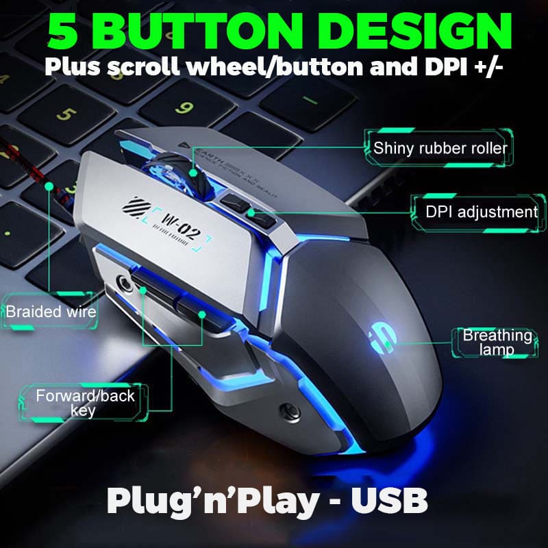 inphic W-02 Wired USB 8800 DPI Optical Mouse, 5 Buttons, Scroll Wheel