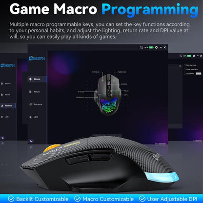 MKESPN W601 Tri-Mode BT/RF Wireless, Corded 12800DPI Optical Mouse, Carbon Fiber Texture, Macro