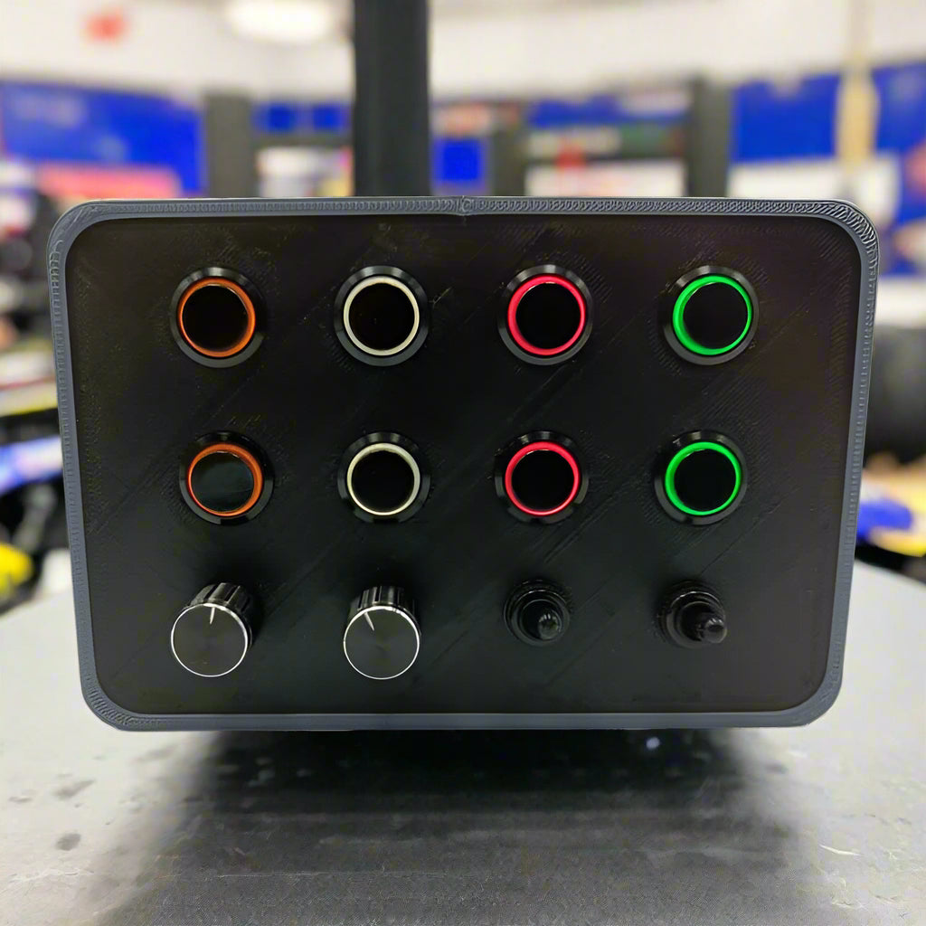 RacecraftsNZ All Black Sim Racing LED Button Box, 8x Metal Momentary LED Buttons, 2x Rotary Encoders, 2x Toggle Switches